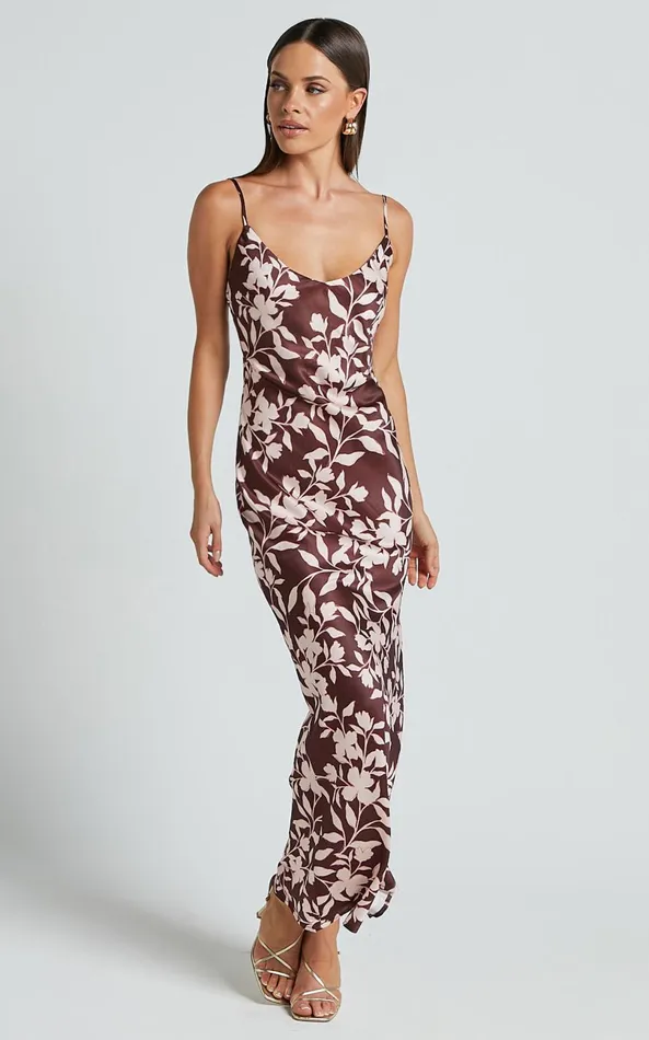 Showpo Charesse Maxi Dress 8211 Satin Bias Cut Scoop Neck Low Back Slip Dress In Choc Floral Women Dresses