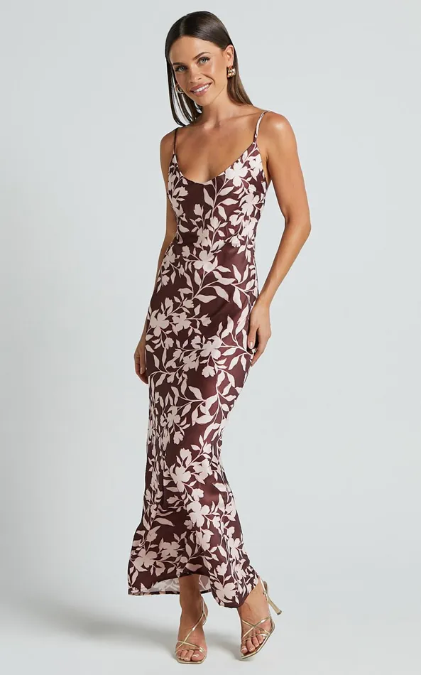 Showpo Charesse Maxi Dress 8211 Satin Bias Cut Scoop Neck Low Back Slip Dress In Choc Floral Women Dresses