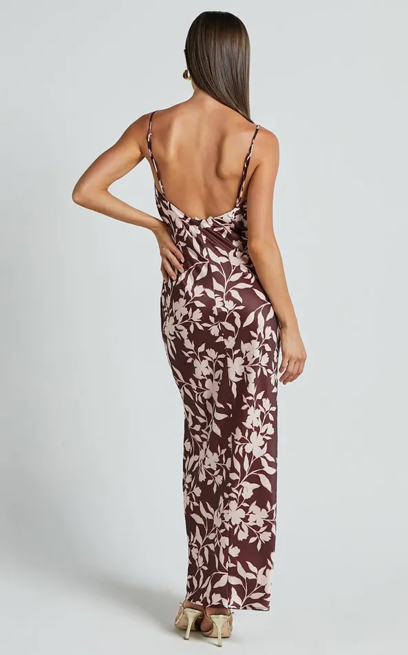 Showpo Charesse Maxi Dress 8211 Satin Bias Cut Scoop Neck Low Back Slip Dress In Choc Floral Women Dresses