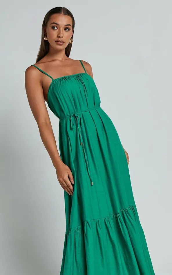 Showpo Charisse Maxi Dress 8211 Strappy Scoop Neck Relaxed Gathered Dress In Green Women Dresses
