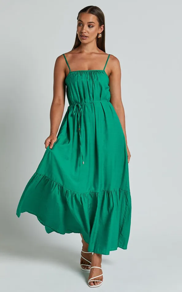 Showpo Charisse Maxi Dress 8211 Strappy Scoop Neck Relaxed Gathered Dress In Green Women Dresses