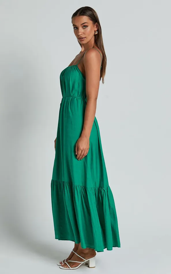 Showpo Charisse Maxi Dress 8211 Strappy Scoop Neck Relaxed Gathered Dress In Green Women Dresses