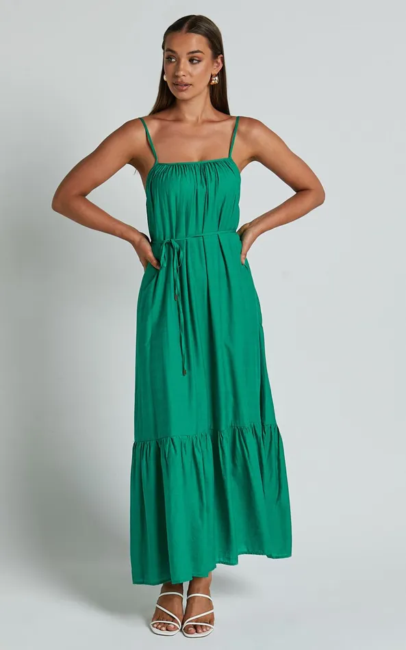 Showpo Charisse Maxi Dress 8211 Strappy Scoop Neck Relaxed Gathered Dress In Green Women Dresses