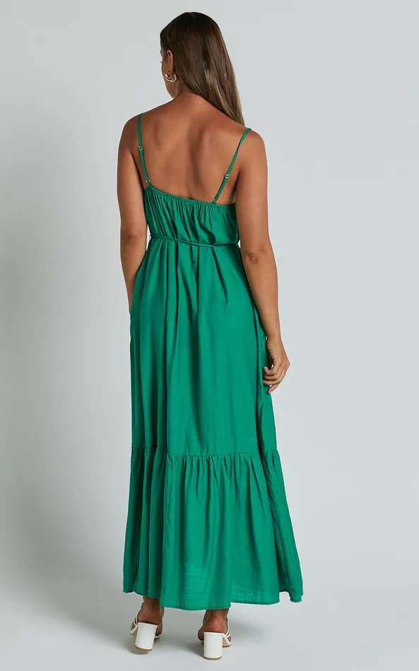 Showpo Charisse Maxi Dress 8211 Strappy Scoop Neck Relaxed Gathered Dress In Green Women Dresses