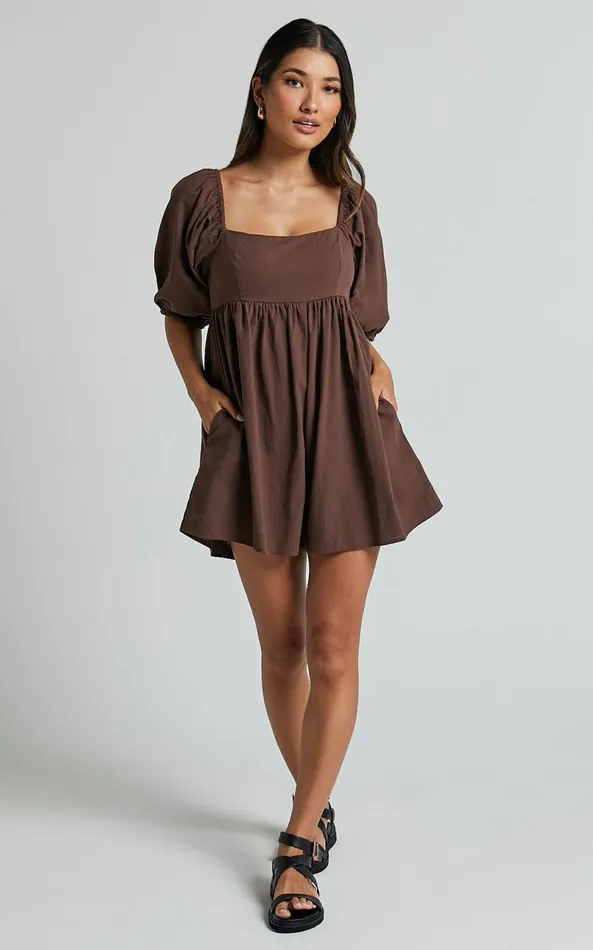 Showpo Chariti Playsuit 8211 Linen Look Puff Sleeve Relaxed Playsuit In Chocolate Women Rompers