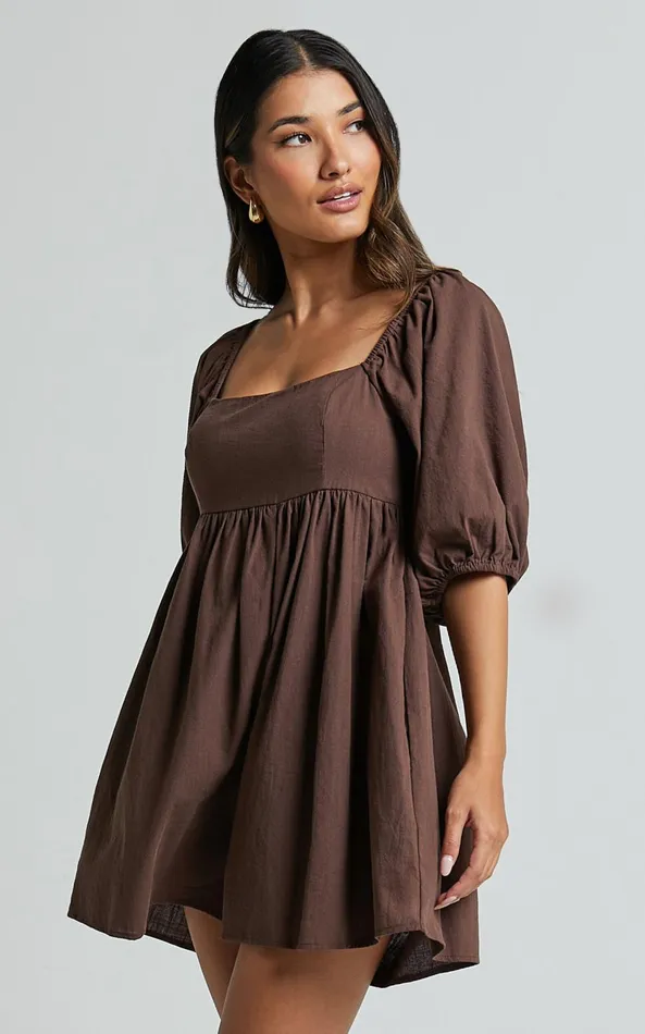 Showpo Chariti Playsuit 8211 Linen Look Puff Sleeve Relaxed Playsuit In Chocolate Women Rompers