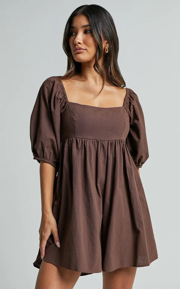 Showpo Chariti Playsuit 8211 Linen Look Puff Sleeve Relaxed Playsuit In Chocolate Women Rompers