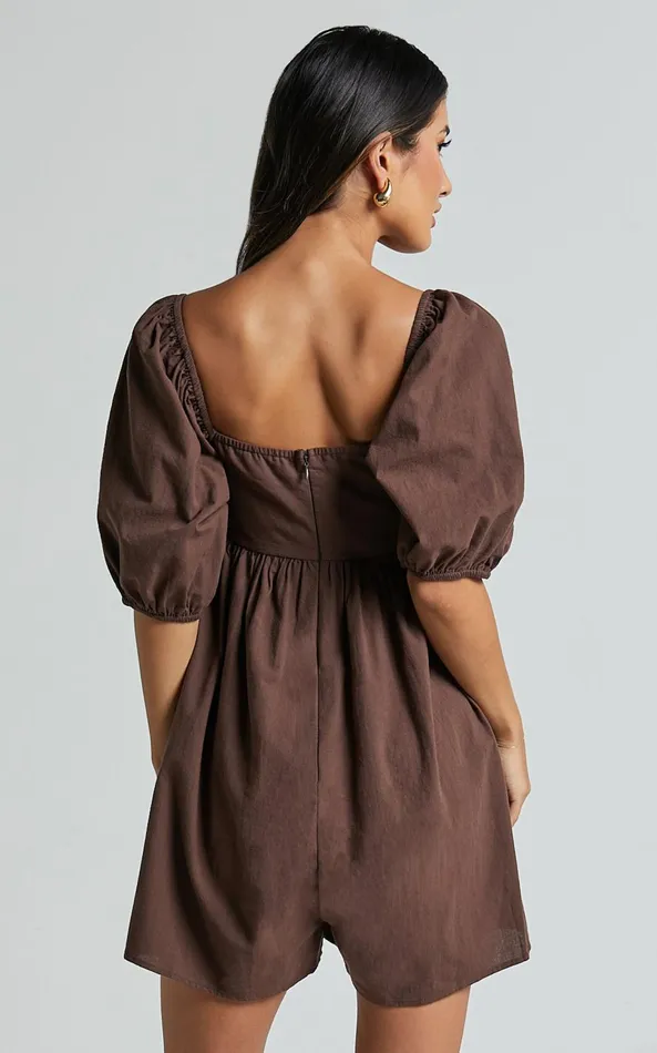Showpo Chariti Playsuit 8211 Linen Look Puff Sleeve Relaxed Playsuit In Chocolate Women Rompers