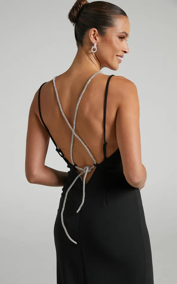 Showpo Charity Midi Dress 8211 Diamante Strap Detail Plunge Dress In Black Women Dresses