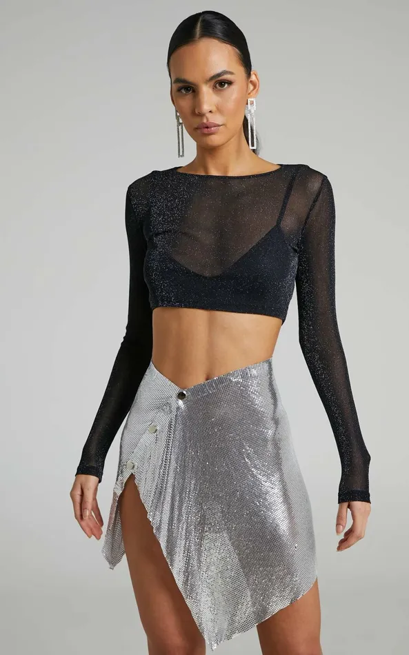 Showpo Charity Mini Skirt 8211 Asymmetrical Mesh Skirt In Silver Women Skirts