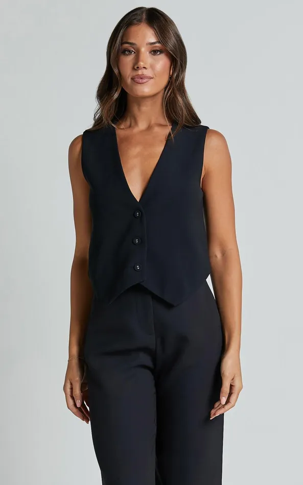 Showpo Charla Top 8211 Tailored Button Through Vest In Black Women Tops