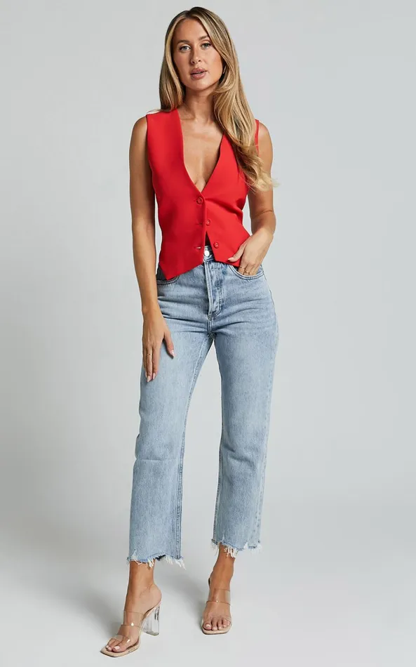 Showpo Charla Top 8211 Tailored Button Through Vest In Red Women Curve Clothes