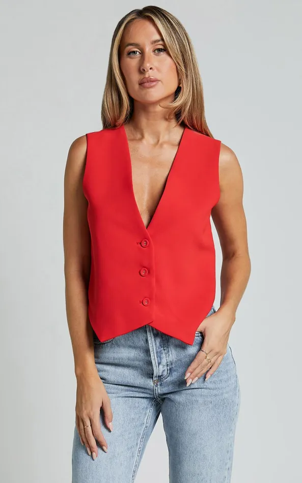 Showpo Charla Top 8211 Tailored Button Through Vest In Red Women Curve Clothes