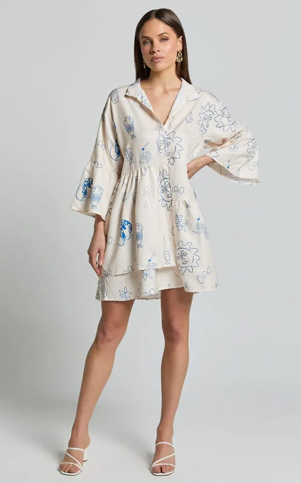 Showpo Charlene Mini Dress 8211 V Neck 34 Sleeve Shift Mini Dress In Blue Print Women Dresses