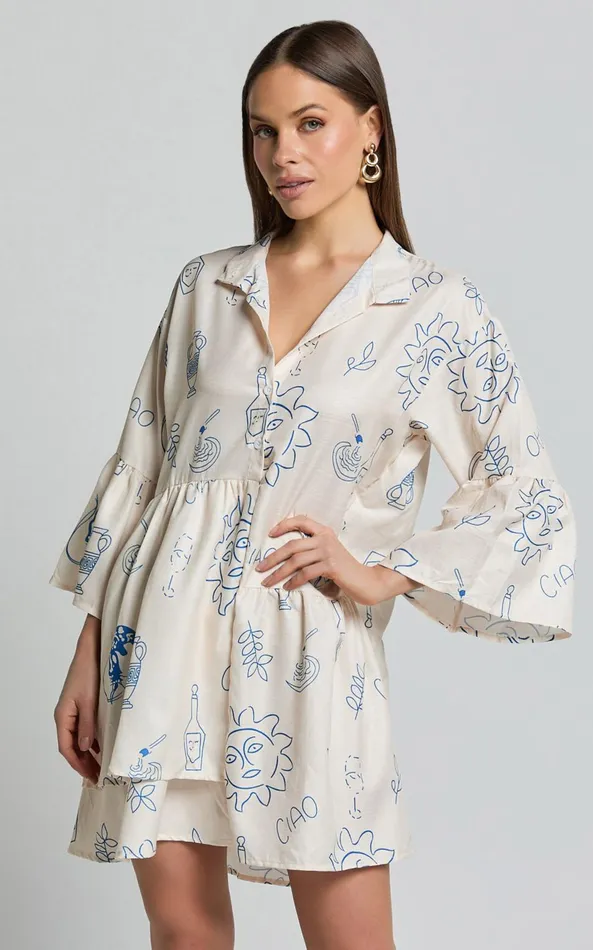 Showpo Charlene Mini Dress 8211 V Neck 34 Sleeve Shift Mini Dress In Blue Print Women Dresses