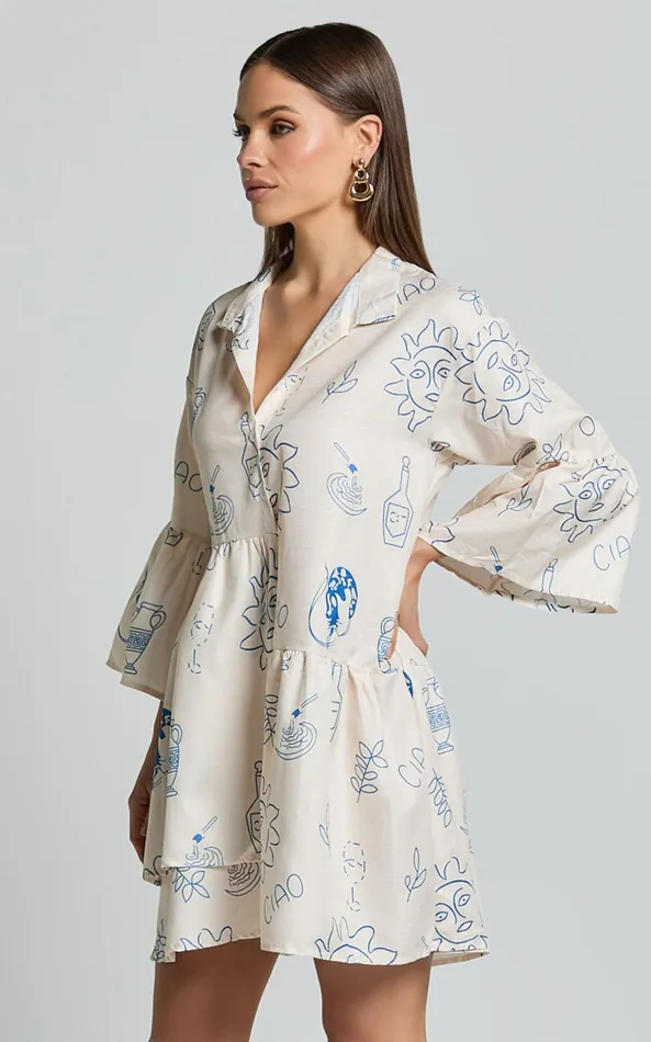 Showpo Charlene Mini Dress 8211 V Neck 34 Sleeve Shift Mini Dress In Blue Print Women Dresses