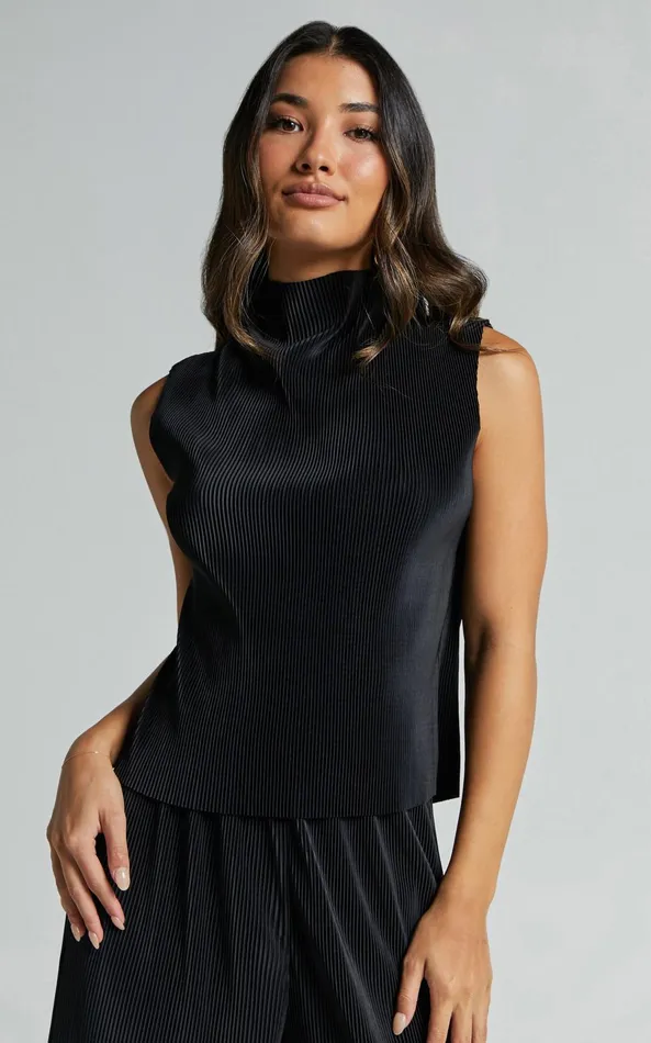 Showpo Charlia Top 8211 Plisse High Neck Sleeveless Top In Black Women Tops