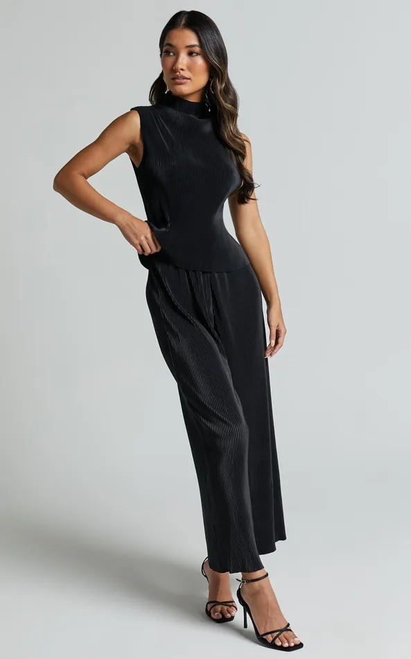 Showpo Charlia Top 8211 Plisse High Neck Sleeveless Top In Black Women Tops