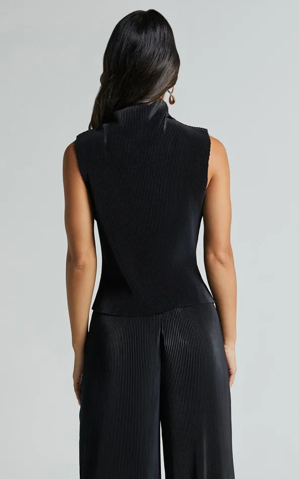 Showpo Charlia Top 8211 Plisse High Neck Sleeveless Top In Black Women Tops