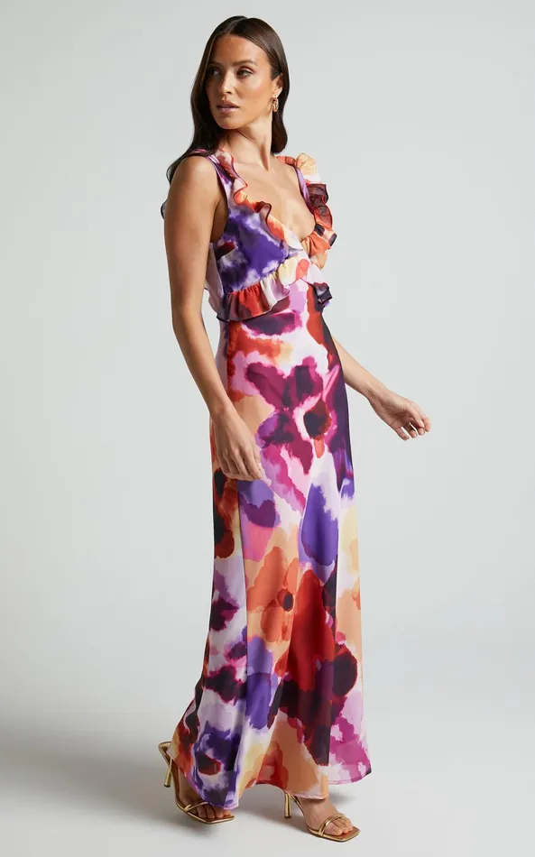 Showpo Charlie Midi Dress 8211 V Neck Low Back Frill Detail Dress In Watercolour Floral Women Dresses