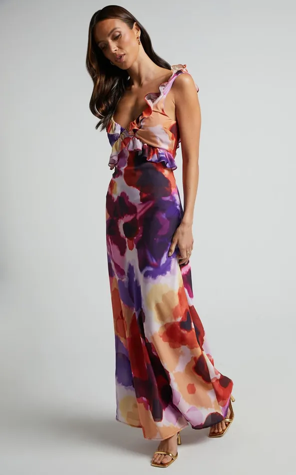 Showpo Charlie Midi Dress 8211 V Neck Low Back Frill Detail Dress In Watercolour Floral Women Dresses