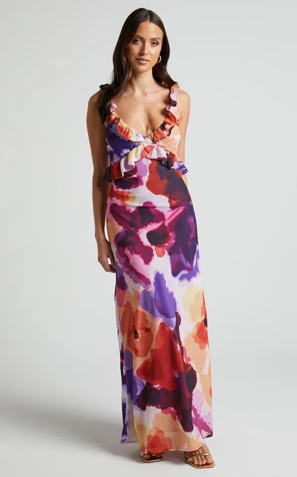Showpo Charlie Midi Dress 8211 V Neck Low Back Frill Detail Dress In Watercolour Floral Women Dresses