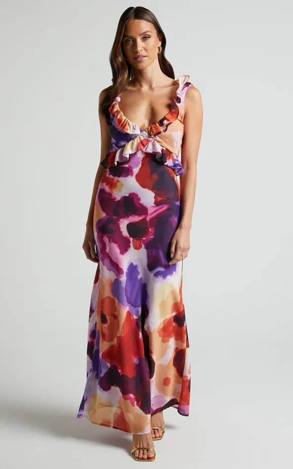 Showpo Charlie Midi Dress 8211 V Neck Low Back Frill Detail Dress In Watercolour Floral Women Dresses