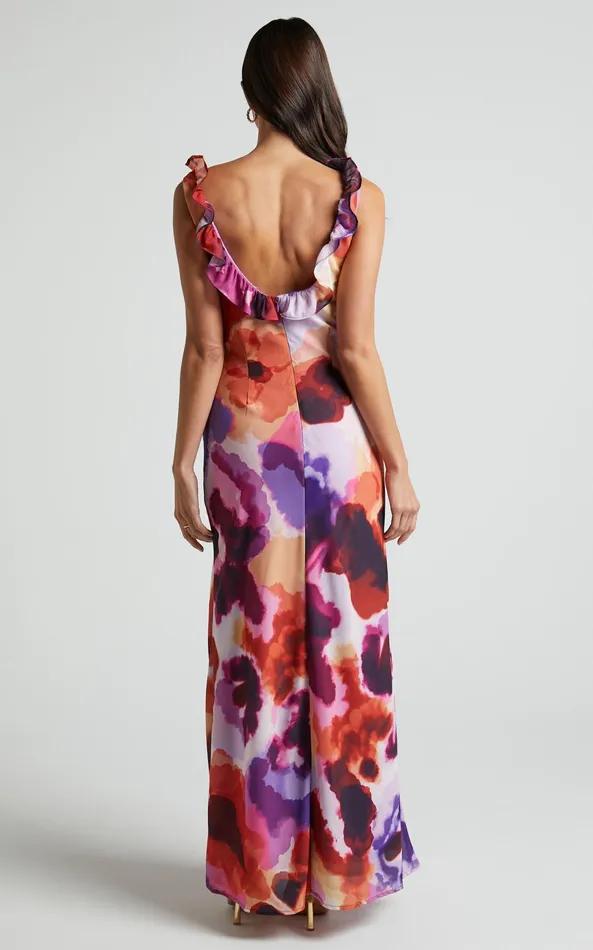 Showpo Charlie Midi Dress 8211 V Neck Low Back Frill Detail Dress In Watercolour Floral Women Dresses