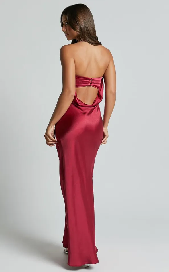 Showpo Charlita Maxi Dress 8211 Strapless Cowl Back Satin Dress In Berry Women Dresses