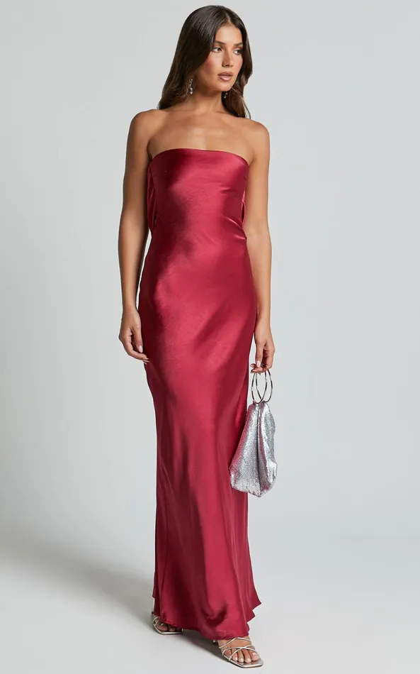 Showpo Charlita Maxi Dress 8211 Strapless Cowl Back Satin Dress In Berry Women Dresses