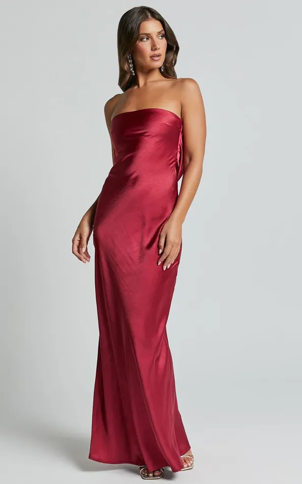 Showpo Charlita Maxi Dress 8211 Strapless Cowl Back Satin Dress In Berry Women Dresses