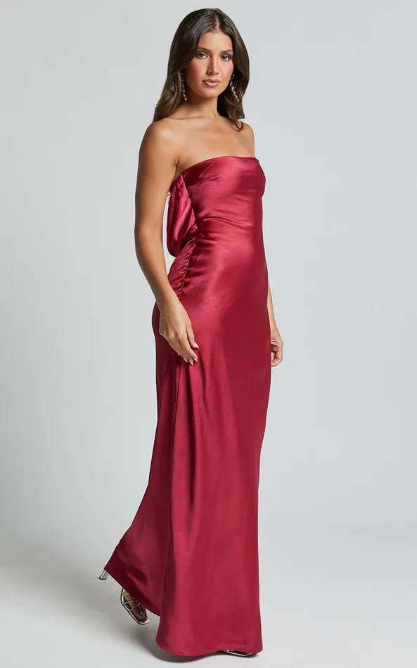 Showpo Charlita Maxi Dress 8211 Strapless Cowl Back Satin Dress In Berry Women Dresses