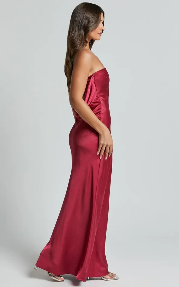 Showpo Charlita Maxi Dress 8211 Strapless Cowl Back Satin Dress In Berry Women Dresses