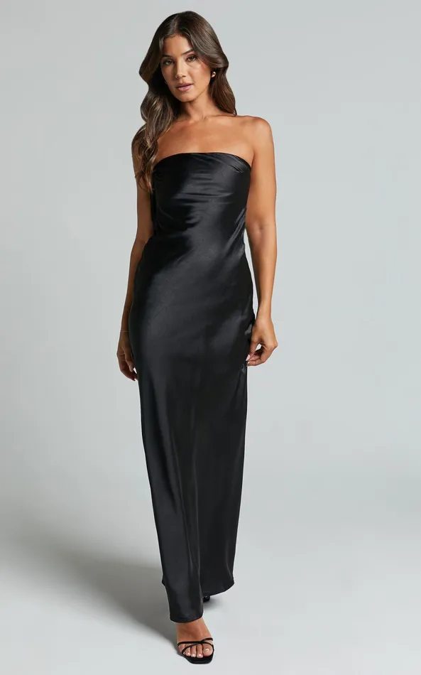 Showpo Charlita Maxi Dress 8211 Strapless Cowl Back Satin Dress In Black Women Dresses