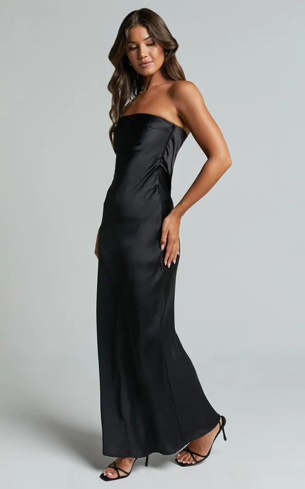 Showpo Charlita Maxi Dress 8211 Strapless Cowl Back Satin Dress In Black Women Dresses