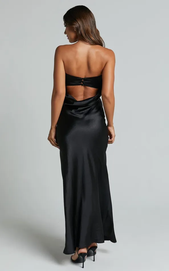 Showpo Charlita Maxi Dress 8211 Strapless Cowl Back Satin Dress In Black Women Dresses