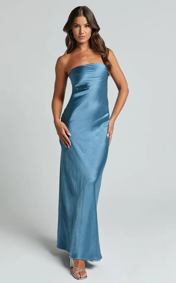 Showpo Charlita Maxi Dress 8211 Strapless Cowl Back Satin Dress In Steel Blue Women Dresses Showpo Charlita Maxi Dress 8211 Strapless Cowl Back Satin Dress In Steel Blue Women Dresses