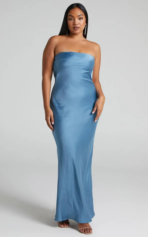 Showpo Charlita Maxi Dress 8211 Strapless Cowl Back Satin Dress In Steel Blue Women Dresses