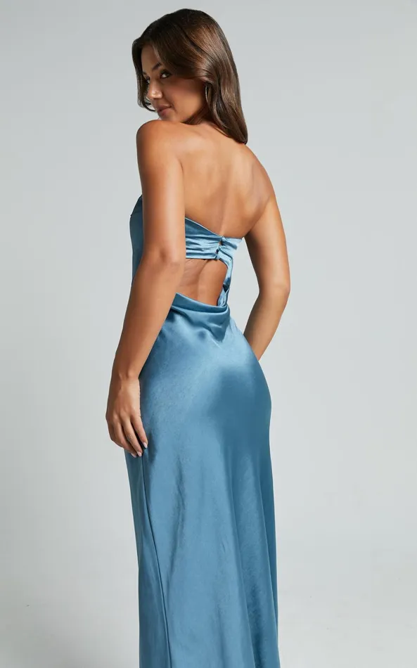 Showpo Charlita Maxi Dress 8211 Strapless Cowl Back Satin Dress In Steel Blue Women Dresses