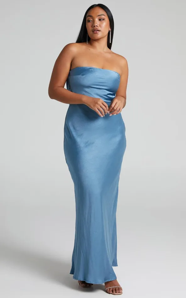 Showpo Charlita Maxi Dress 8211 Strapless Cowl Back Satin Dress In Steel Blue Women Dresses