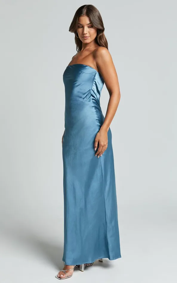 Showpo Charlita Maxi Dress 8211 Strapless Cowl Back Satin Dress In Steel Blue Women Dresses