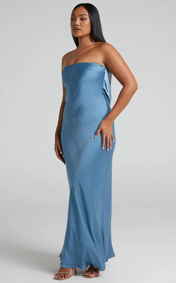 Showpo Charlita Maxi Dress 8211 Strapless Cowl Back Satin Dress In Steel Blue Women Dresses