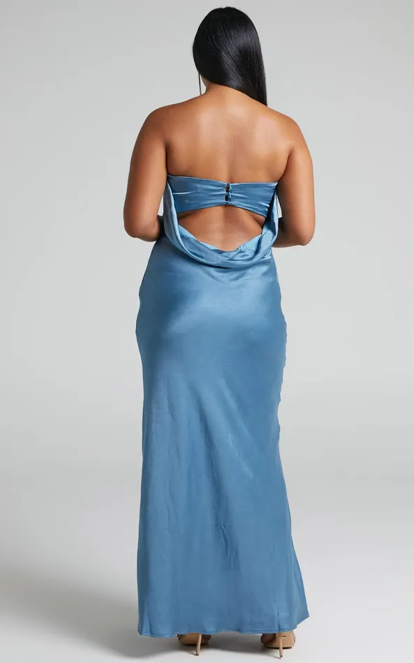 Showpo Charlita Maxi Dress 8211 Strapless Cowl Back Satin Dress In Steel Blue Women Dresses