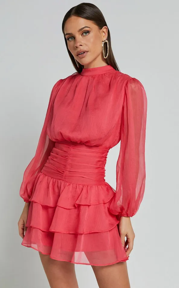Showpo Charlize Mini Dress 8211 High Neck Long Sleeve Layered Dress In Coral Women Dresses Showpo Charlize Mini Dress 8211 High Neck Long Sleeve Layered Dress In Coral Women Dresses