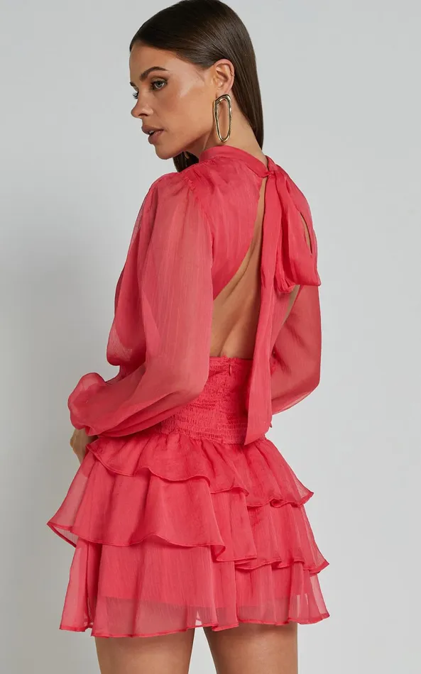Showpo Charlize Mini Dress 8211 High Neck Long Sleeve Layered Dress In Coral Women Dresses