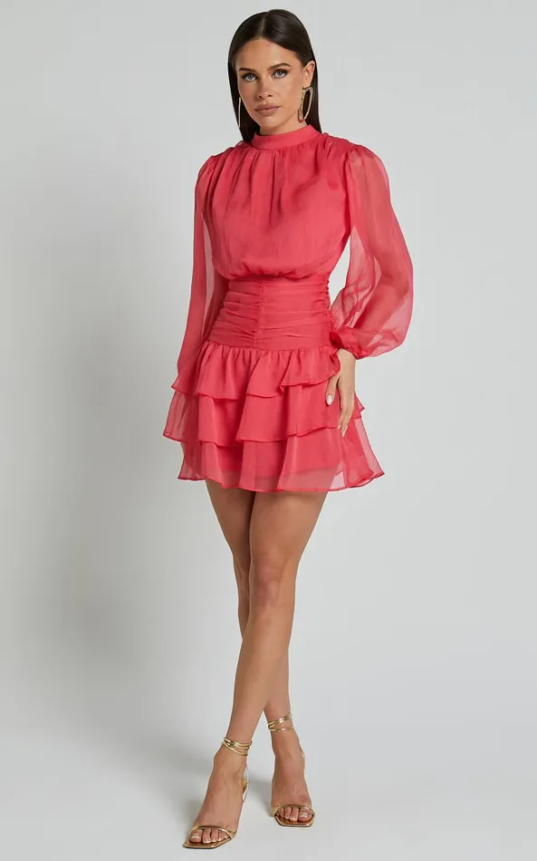 Showpo Charlize Mini Dress 8211 High Neck Long Sleeve Layered Dress In Coral Women Dresses