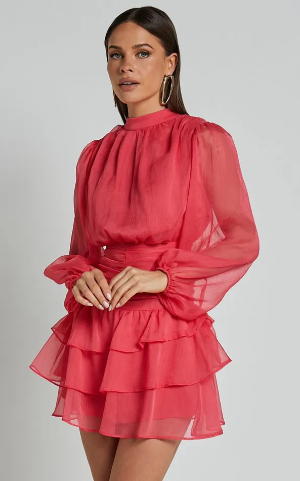 Showpo Charlize Mini Dress 8211 High Neck Long Sleeve Layered Dress In Coral Women Dresses