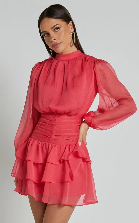 Showpo Charlize Mini Dress 8211 High Neck Long Sleeve Layered Dress In Coral Women Dresses