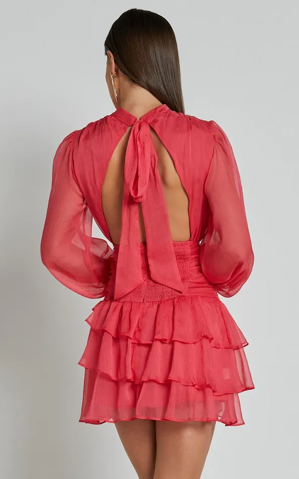 Showpo Charlize Mini Dress 8211 High Neck Long Sleeve Layered Dress In Coral Women Dresses