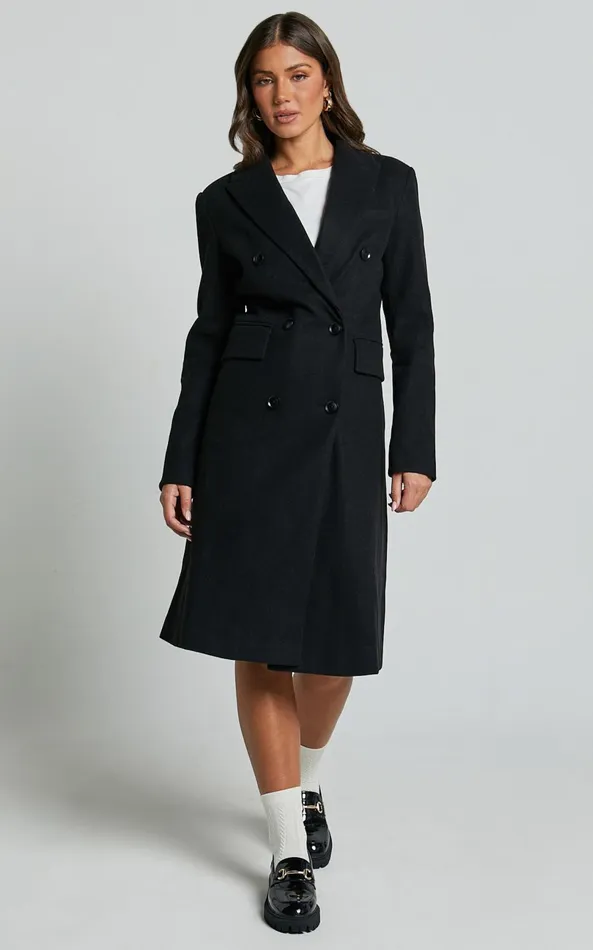 Showpo Charlotte Coat 8211 Double Breasted Long Line Coat In Black Women Jackets and Coats